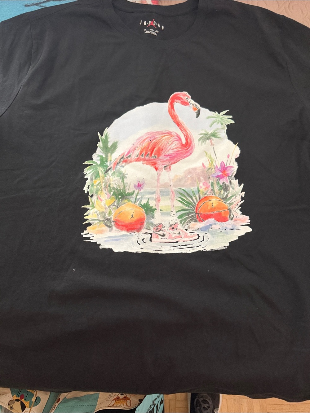 Jordan Black Tee with Pink Flamingo and Tropical Graphic